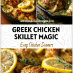 Skillet of Greek chicken with lemon slices, herbs, and a light Mediterranean presentation for a healthy dinner.